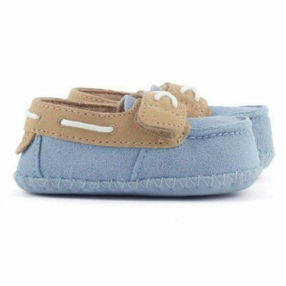 NEW UGG Baby I ZACH Blue Sheepskin Moccasin Boat Shoe Loafer Adjustable Strap - Picture 1 of 5